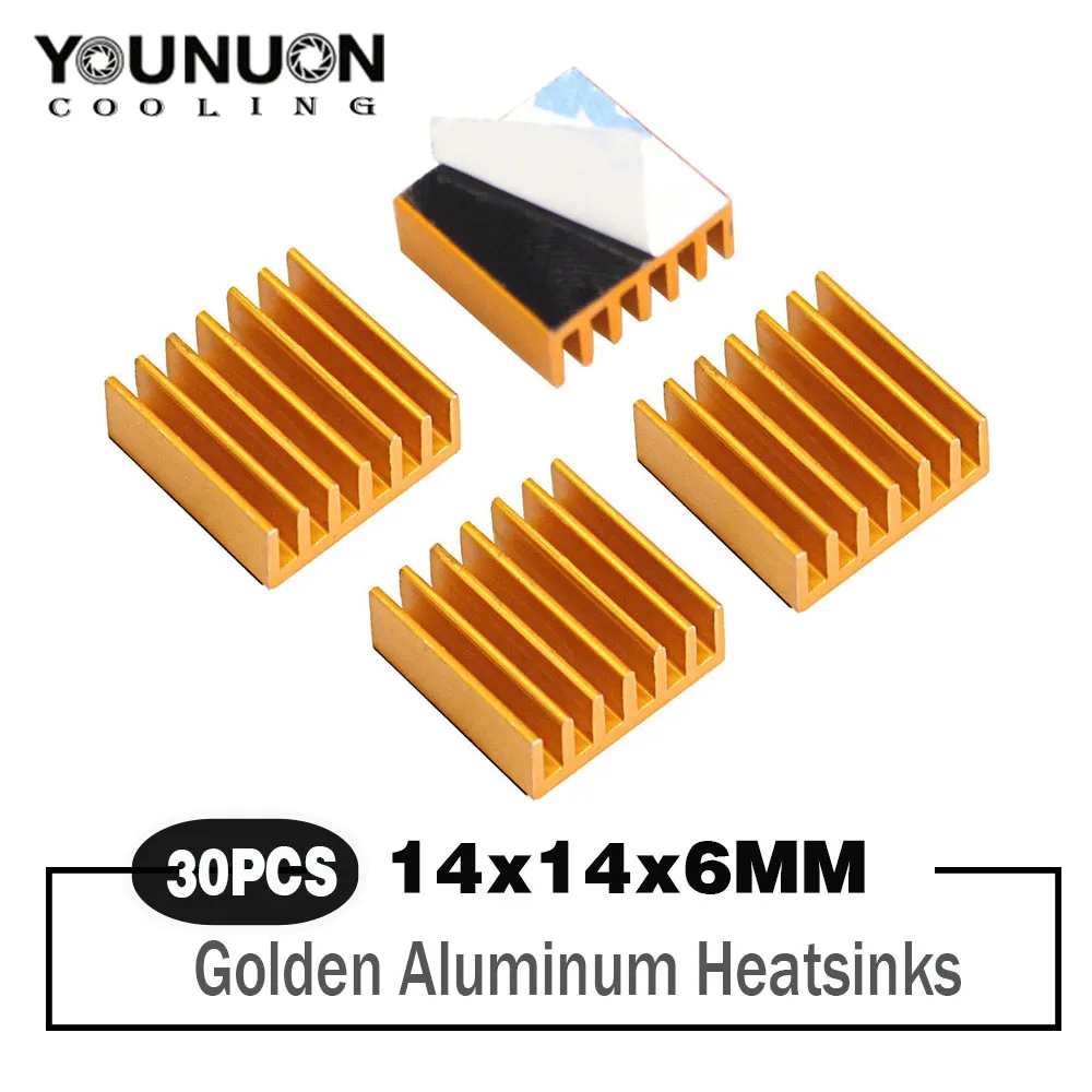 

YOUNUON 30pcs 14x14x6mm Golden Aluminum Heatsink 14mm x 6mm Chip CPU GPU VGA RAM LED IC Heat sink Radiator with 3M Tape