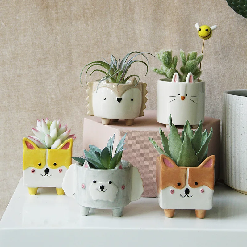 Creative Cartoon Dog Ceramic Flowerpot Plant Cactus Potted Flowerpot Abstract Animal Vase Crafts Desktop Living Room Decoration