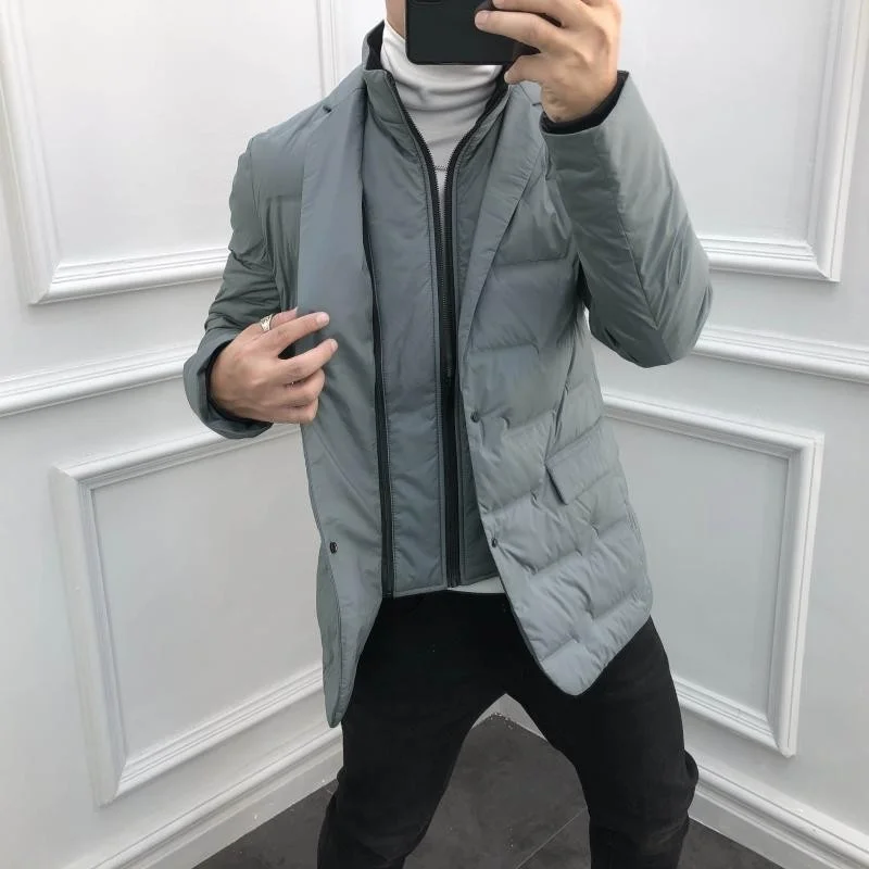 Casual Business Turn-Down Collar White Duck Down Single Breasted Zippers Mens Solid Suits Down Jacket 2022 Winter New Fashion