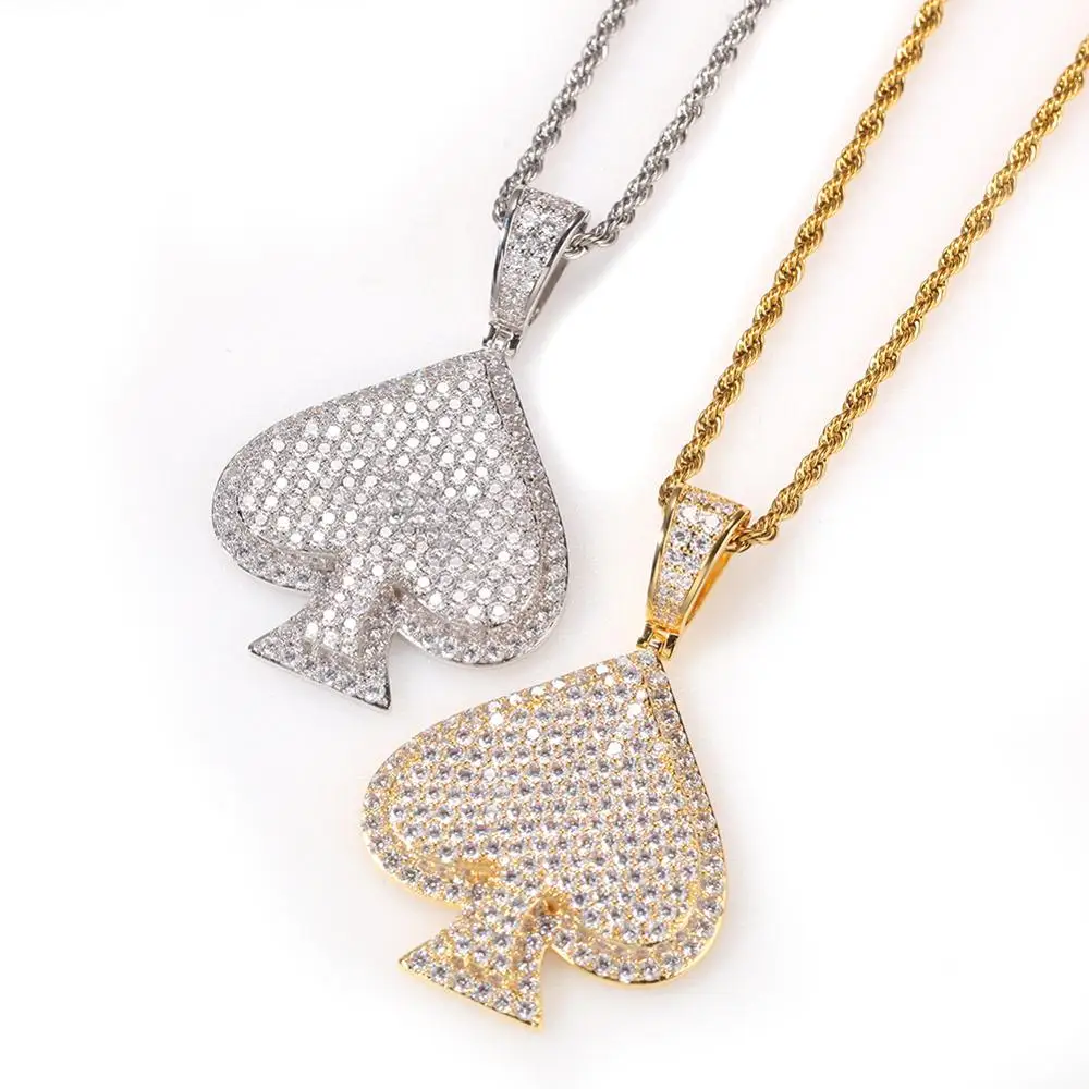 Hip Hop Full AAA Cubic Zirconia Paved Bling Ice Out Gold Color Poker Spade Pendants Necklace for Men Hiphop Rapper Jewelry