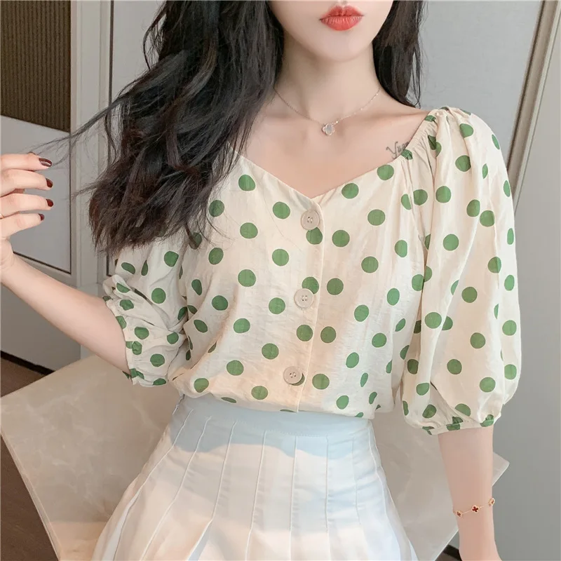 Dot Print Womens Tops En Blouses Zomer Geel Groen Blusas Casual Losse Shirt Bohemen 2020 Chemisier Femme Knop Blouse Mujer