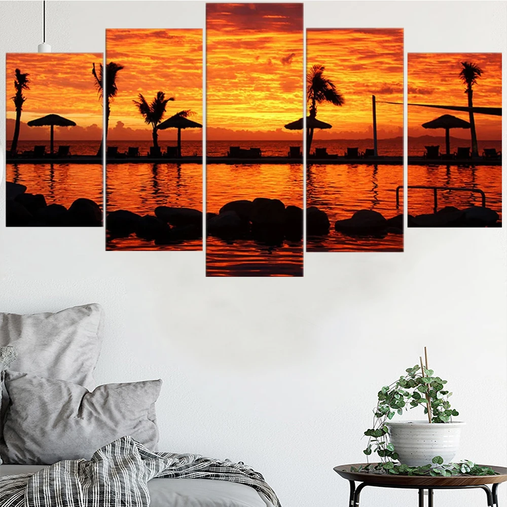 

5 Pieces Wall Art Canvas Painting Beach Sunset Scenery Landscape Poster Modular Pictures Home Decoration Modern Living Room