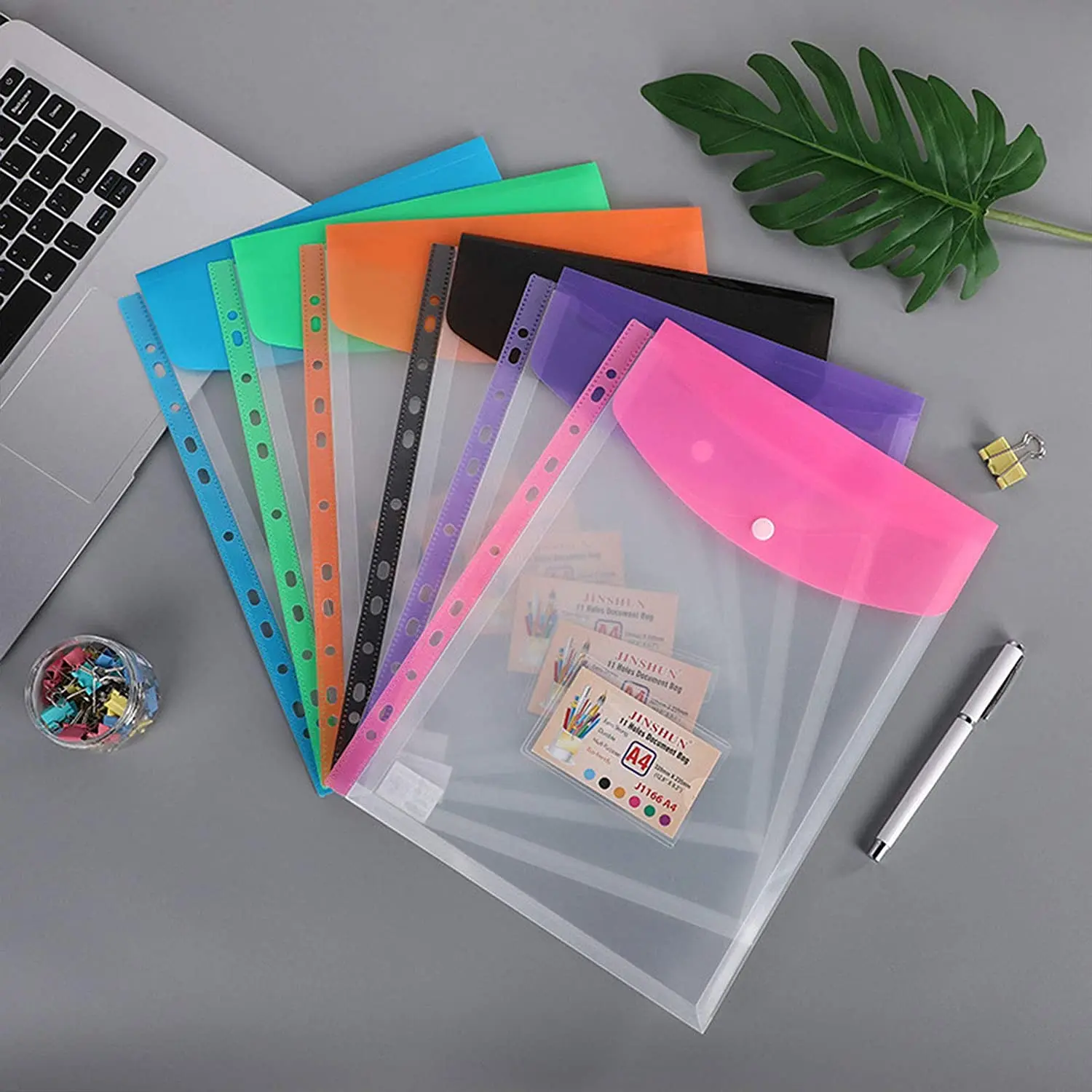 A4 Size Clear Plastic Waterproof Perforated Pockets with Button Closure for 11 Holes Files Binder Envelopes Folders Organizer