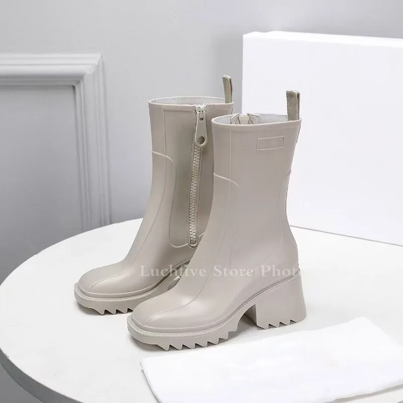 2021 Hot Sale PVC Mid-calf Boots Women British Style Chunky heel Short Boots Brown Black Fashion Luxury Brand Boots botas mujer