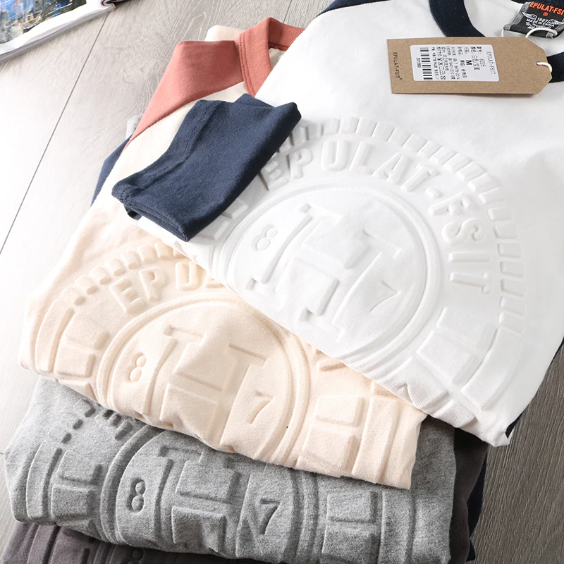 Autumn Long Sleeve O-neck 3D Printed T-shirt Men's Fashion Contrast Splicing Raglan Sleeve Pure Cotton Washed Old Casual Tops