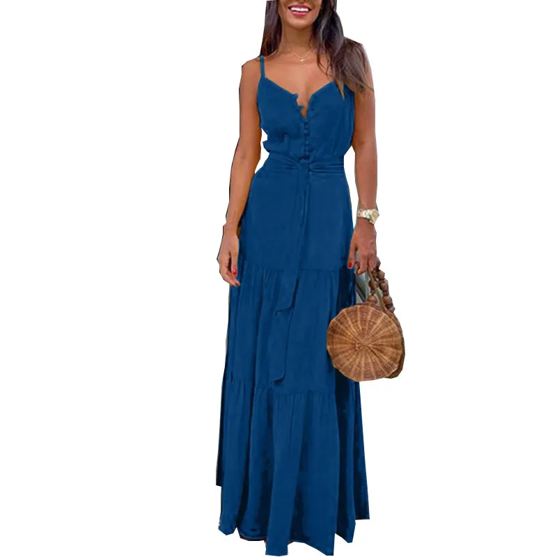 Estate Verde Tunica Maxi Vestito Con Scollo A V Robe Femme Abiti Lunghi Cintura Eleagant Ruffles Partito Della Cinghia di Spaghetti Casual Abiti Mujer