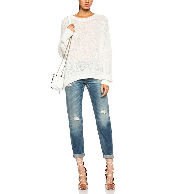 

Loose Straight-leg Rolled-edge Ripped Mid-rise Women Jeans