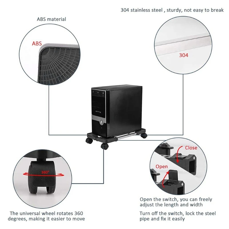 Computer Stand Cart PC Cases Mobile Adjustable Computer CPU Holder with 4 Locking Caster Wheels for Gaming