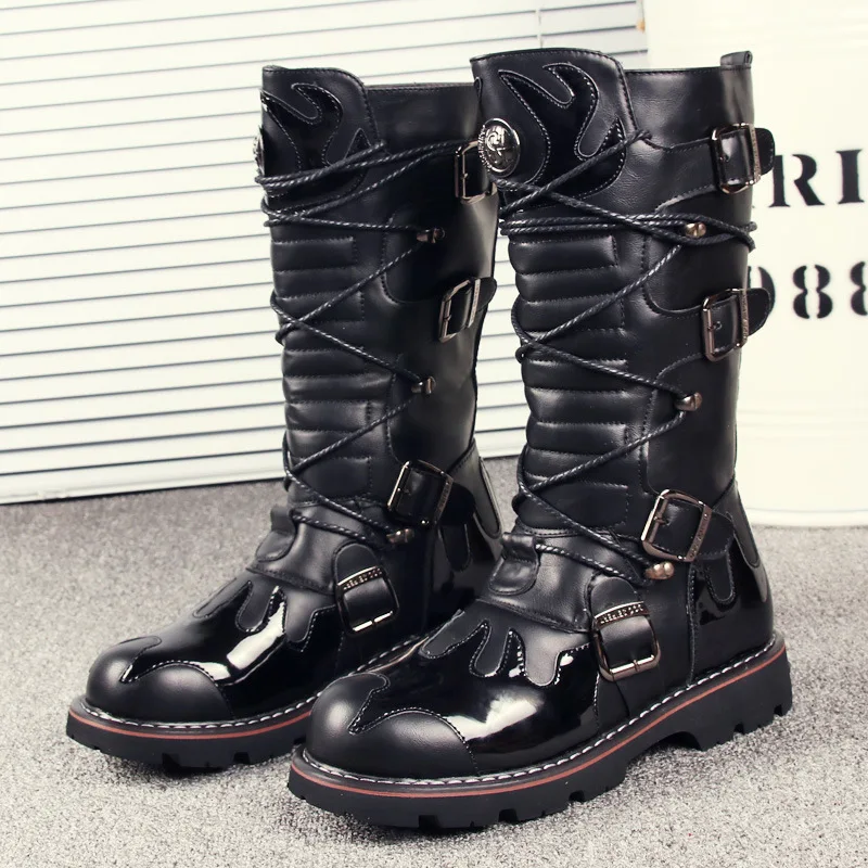 Męskie buty motocyklowe z prawdziwej skóry do kolan Punk taktyczne buty taktyczne zimowe buty śniegowe nowe męskie buty Rock półbuty