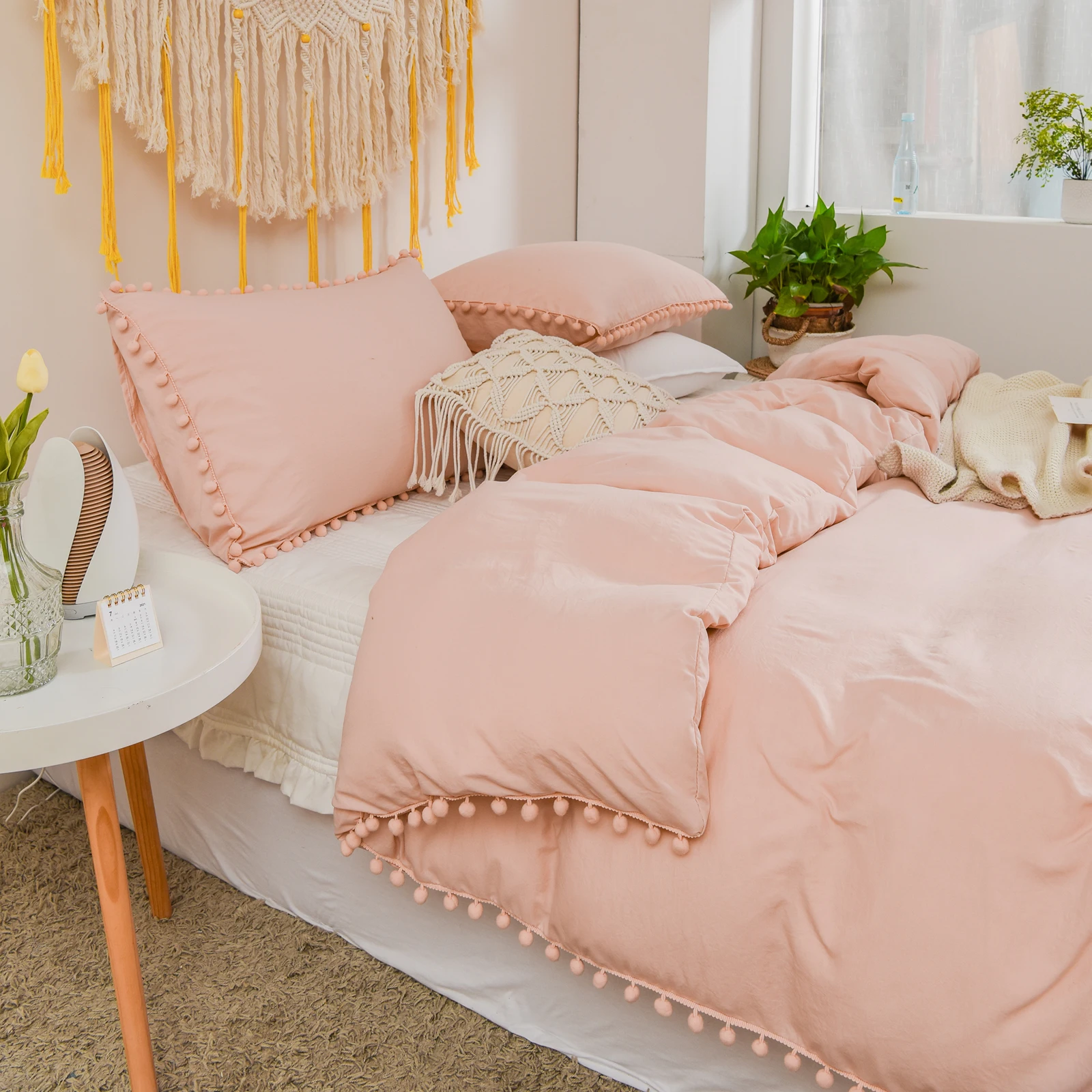 Baby Pink Bedding Sets Pink Duvet Cover Set Pom Poms Shabby Chic Bed Set Soft Solid Color Bed Linen Home Textile No Comforter