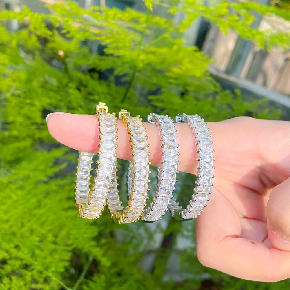 CWWZircons Schicke Baguette-Bambus-Zirkon Große Runde Creolen für Damen Luxus-Statement-Designerschmuck Großhandel E0740 – Detail 2