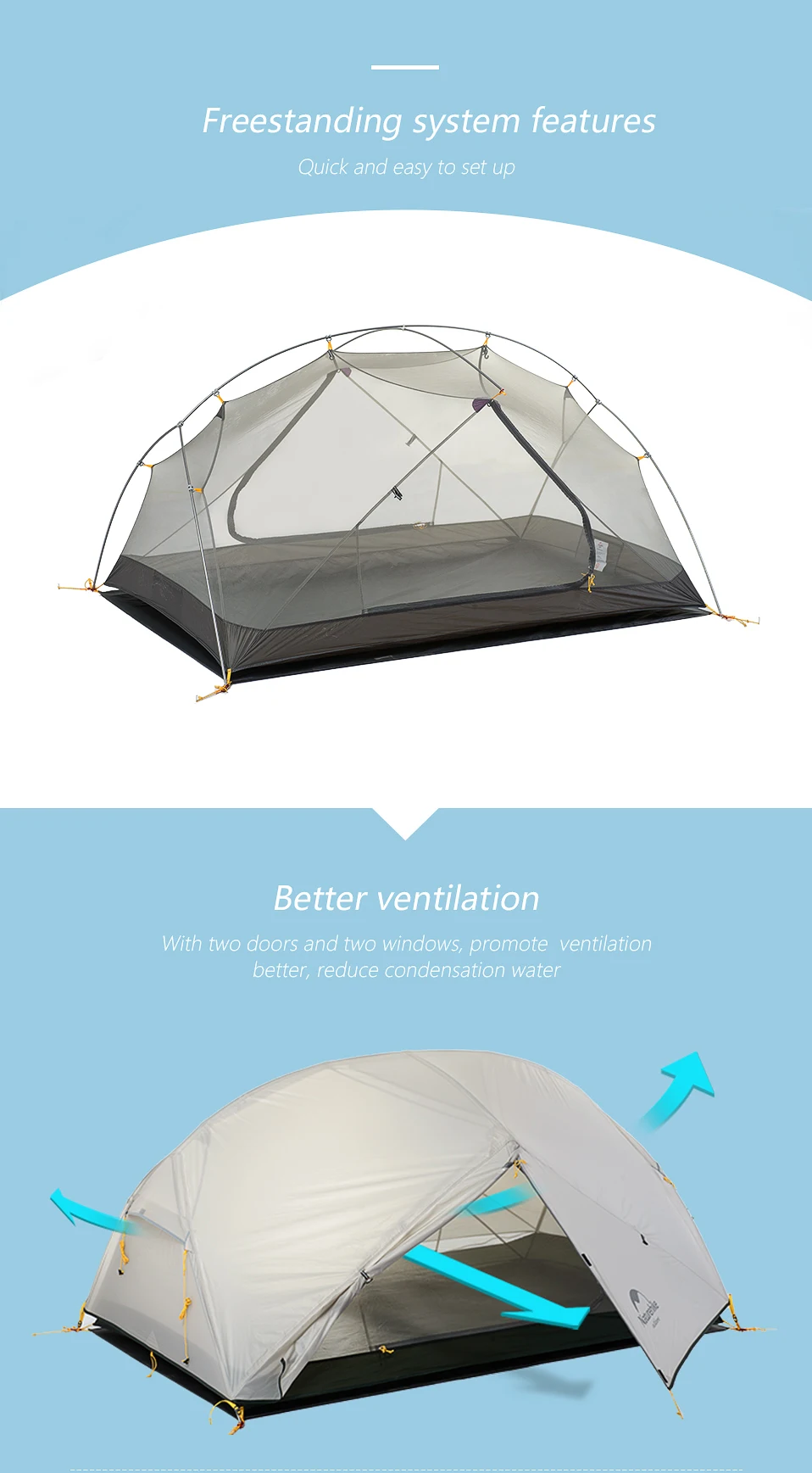 Naturehike Mongar 2-Personen-Zelt, 20D-Nylon, ultraleicht, wasserdicht, Rucksackzelt, Outdoor, Wandern, Radfahren, Reisen, Campingzelt – Detail 3