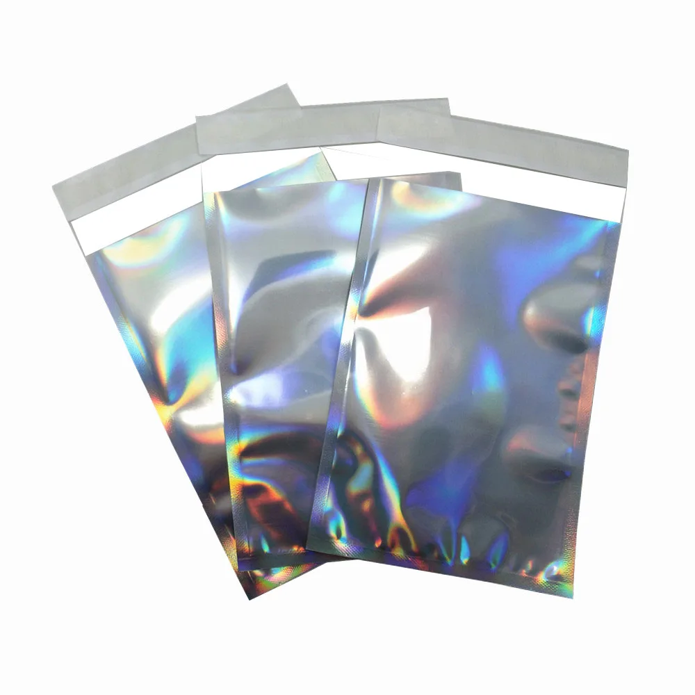 1000Pcs/ Lot Holographic Gift Jewelry Poly Adhesive Courier Packaging Bag Laser Self Seal Plastic Envelope Mailing Storage Bags