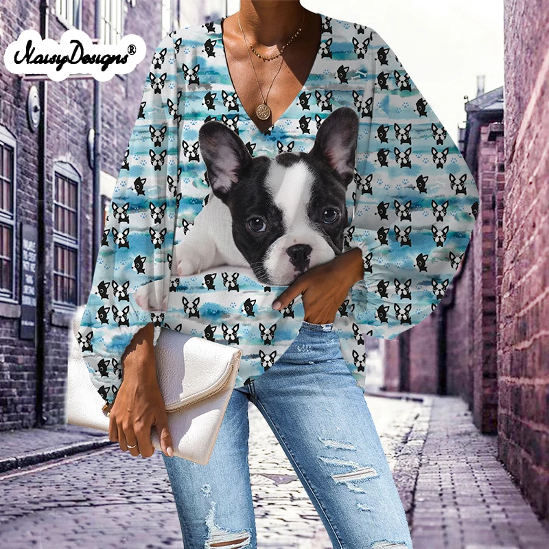 Noisydesigns Women's Tunnic Trend 2021 French Bulldog Flowers Dog Prints Vestidos Tops Chiffon Blouse Office Lady Dropshipping