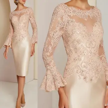 מדהים קצר שמפניה תחרה ארוך שרוול אמא של הכלה שמלות Bateau צוואר חרוזים חתונת אורחים שמלות הברך אורך 2022 חדש