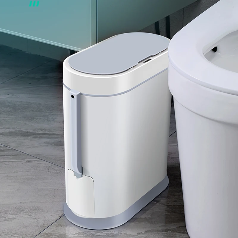 Smart Sensor Trash Can with a Toilet Brush, Garbage Tin for Bathroom, Paper Basket Bin, Narrow Slit, Smart Garbage Bucket