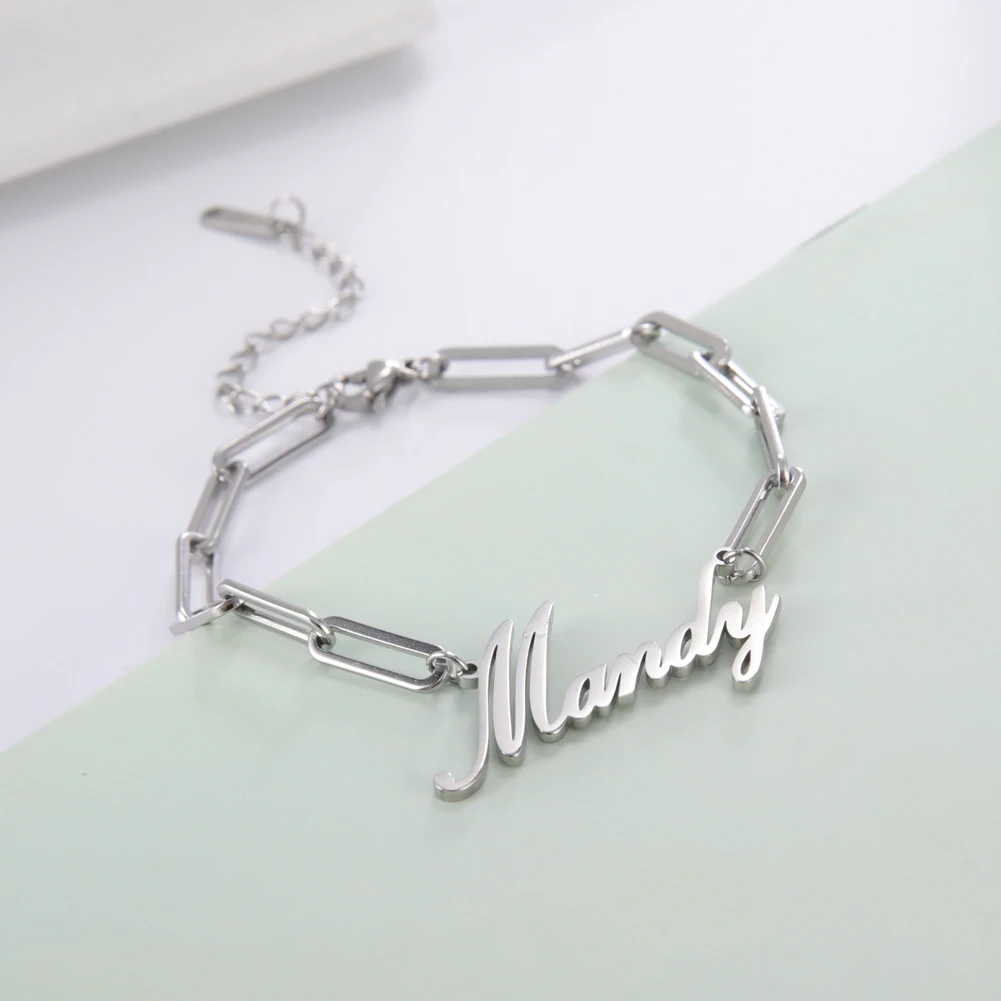 Sipuris Customized Name Bracelet Personalized Stainless Steel Rectangular Chain Letter Bracelet Unique Jewelry Family Gifts New