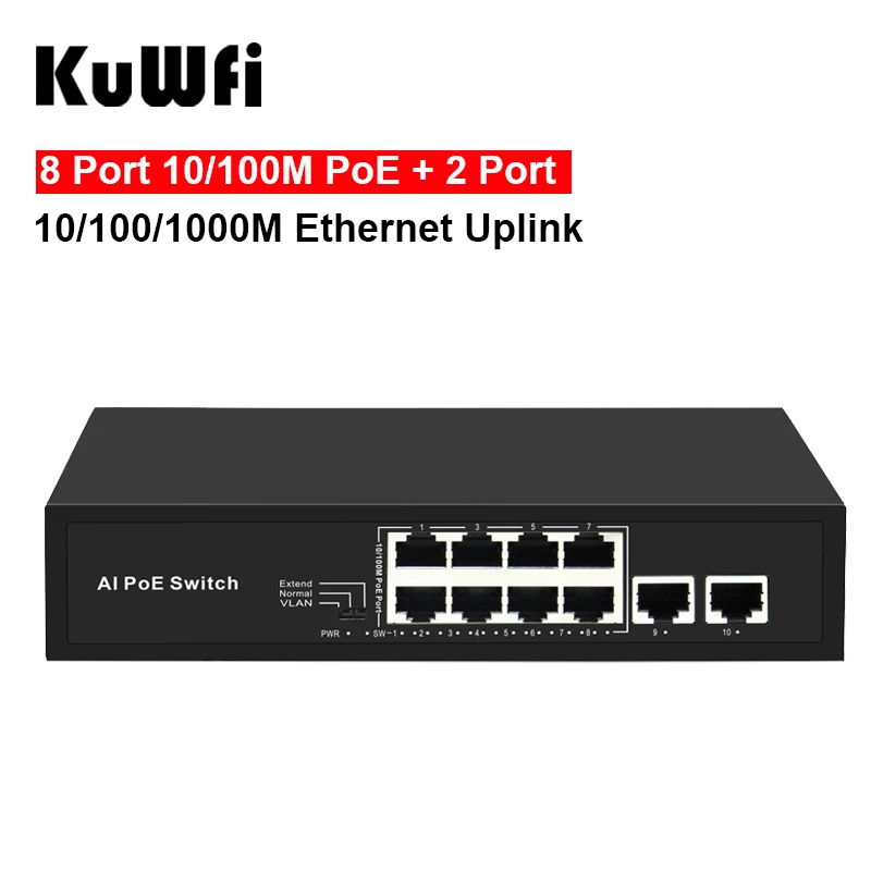 8Port POE Ethernet Switch 48V VLAN 10/100Mbps IEEE 802.3 af/at Network Switch for IP Camera Wireless AP Extend Transsion 250M