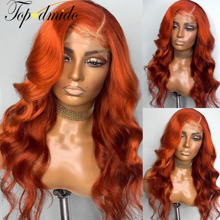 

Topodmido Ginger Orange Color 13x4 Transparent Lace Wig with Baby Hair Brazilian Body Wave Human Hair Wigs 4x4 Lace Closure Wigs