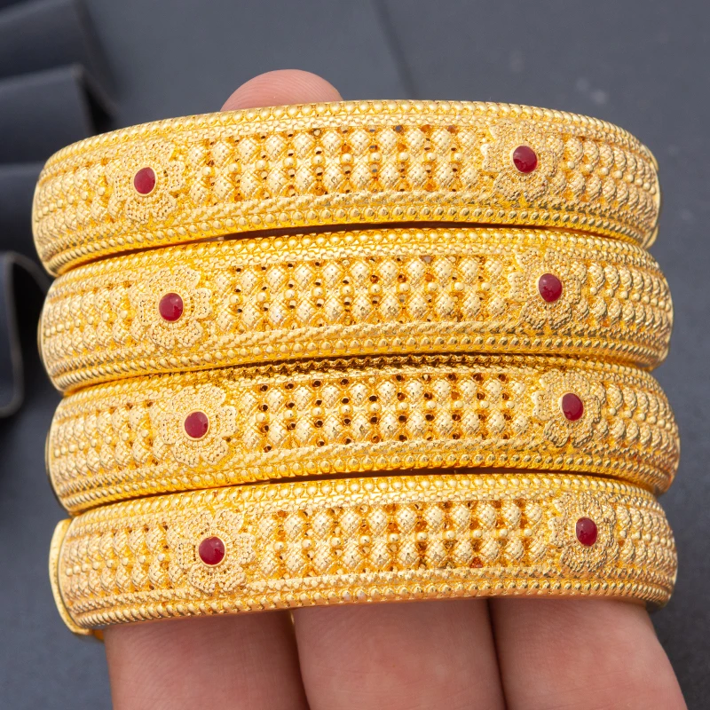 

4pcs/set Dubai Gold Bangles Women Men Gold Color Wedding Red Bangles&Bracelets African/Ethiopian/Arab/Kenya Wedding Gifts