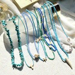 Blue Crystal Seed Bead Choker Pearl Natural Stone Chips Pendant Women Beach Travel Bohemian Necklaces