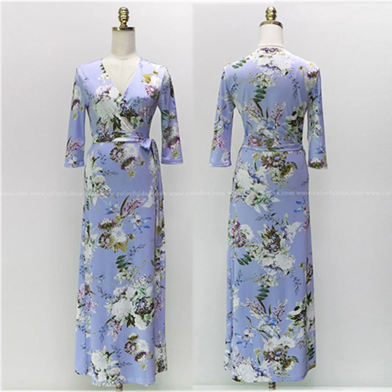 FANIECES Summer Boho Blue Floral Print Boho abiti lunghi donna Tie Waist Maxi Vestidos Beachwear Side Split Casual Beach Dress