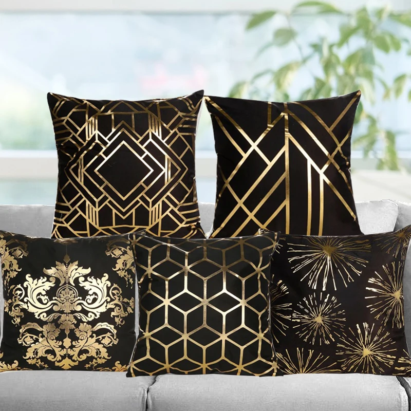 Black cushion cover geometric pillows case super soft short velvet gold printed fireworks pillowcase sofa home decor funda cojin