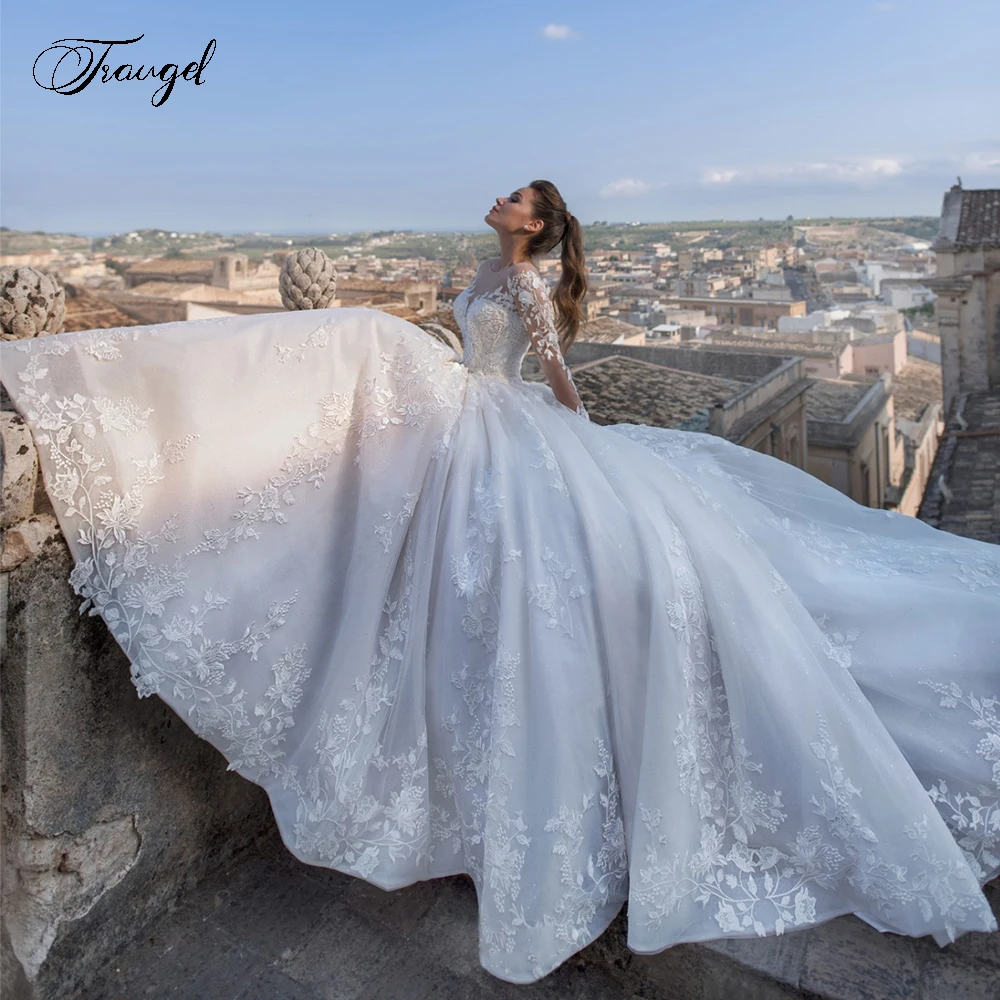 

Traugel Vestidos De Novia Кружевное винтажное свадебное платье с длинными рукавами и аппликацией из бисера, свадебное платье трапециевидной формы с часовенным шлейфом