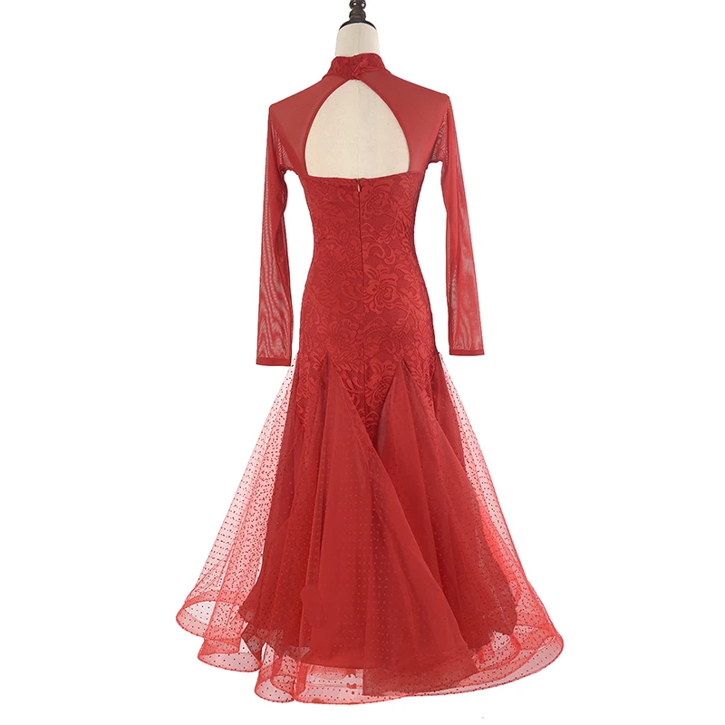 Gola alta competição de salão vestidos de dança feminino nova manga longa saia flamenco senhora elegante renda padrão vestido de salão