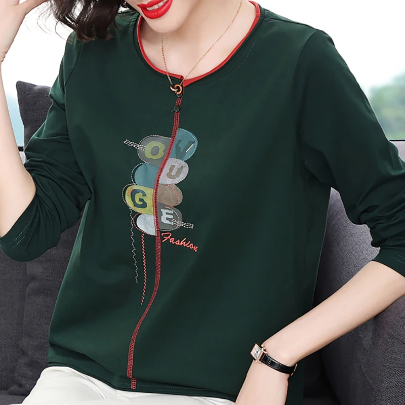 Mujer Camisetas Embroidery T Shirt Women Letter Print 2022 TShirt Cotton Korean Fashion Woman Clothes Long Sleeve Tees Top Femme