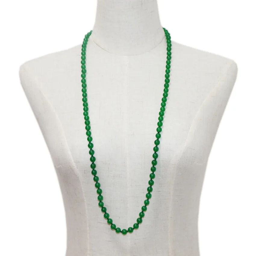 Charms Green Jades Crystal Long Chain Necklace Natural Stone Round Beads Women Payer Jaspers Necklaces 36