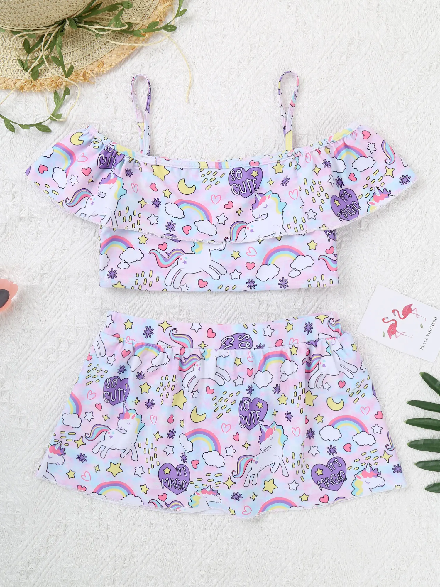 2Pcs Kid Girl Summer Cartoon Printed Swimming Suit Slash Neck Ruffle Hem Cropped Top And Bowknot Skirt With Built-In Briefs Suit