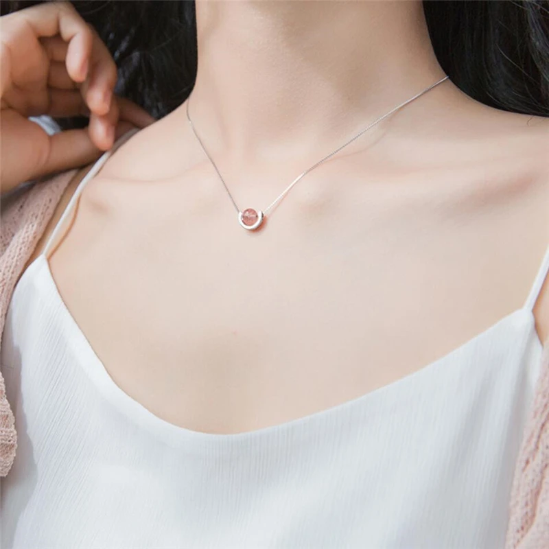 Heart Natural Strawberry Crystal Pink Wafer Bead Transit Silver Color Necklace For Women Fashion Jewelry Party Birthday Gift