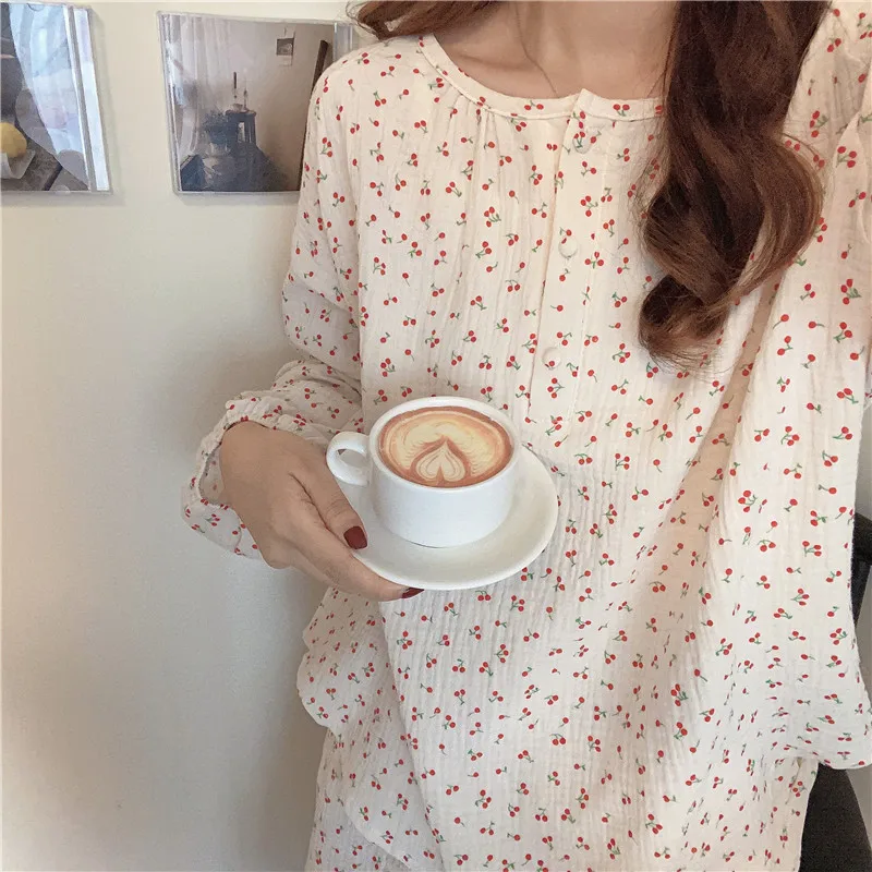 Vintage Cherry Print Cotton Pajamas Set Women O-Neck Long Sleeve Single Breasted Shirts + Long Pants Home Suit Japanese Soft