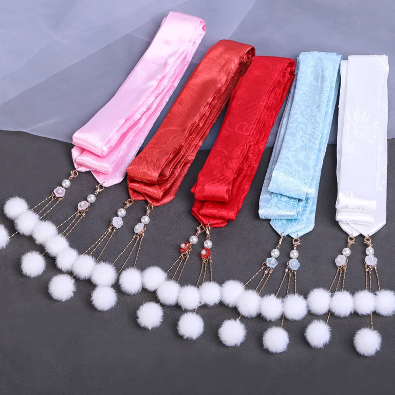 Chinese Style Hairball Ribbon Headband Girl Hanfu Hairball Tassel Hair Ribbon Ancient Dress Butterfly End Hair Rope Headdress