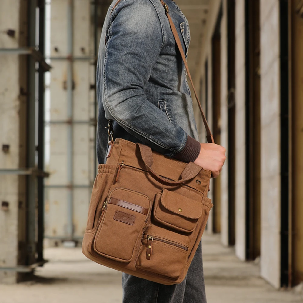 Business Men Canvas Handbag Casual Large Crossbody Shoulder Bag Vintage Tote Male Office Handbags Retro Brown Satchel Bags XA74C