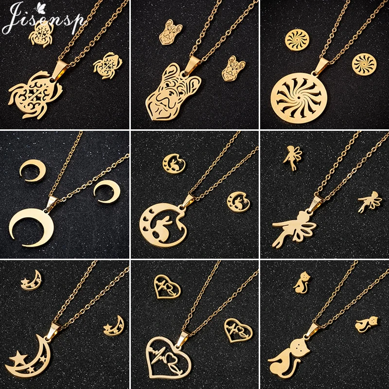 Punk Bulldog Scarab Pendant Necklace Women Men Jewelry Sets Fashion Fairy Cat Rabbit Star Moon Stud Earrings Pendientes Mujer