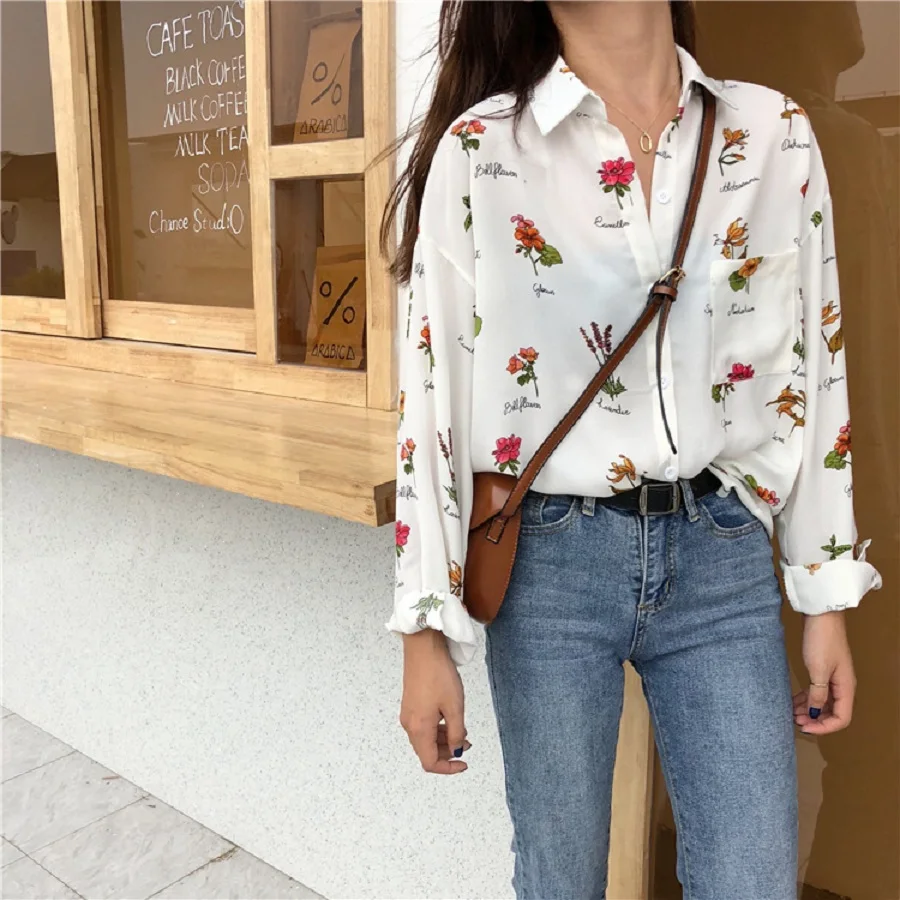 Vintage Floral Print Loose Casual Off White Blouse Women Long Sleeve Female Top Office Ladies Chiffon Blouses Shirts 2022