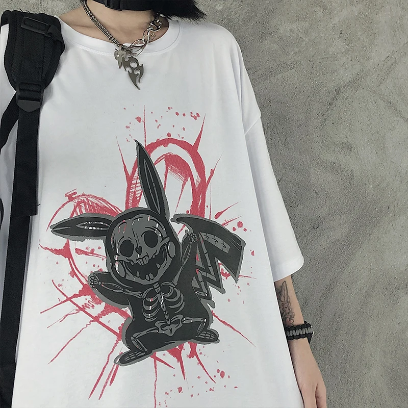 Women T-Shirt Vintage Cartoon Print Short Sleeve Tops Streetwear Harajuku Punk Summer Loose Skeleton O-Neck Oversize y2k Clothes