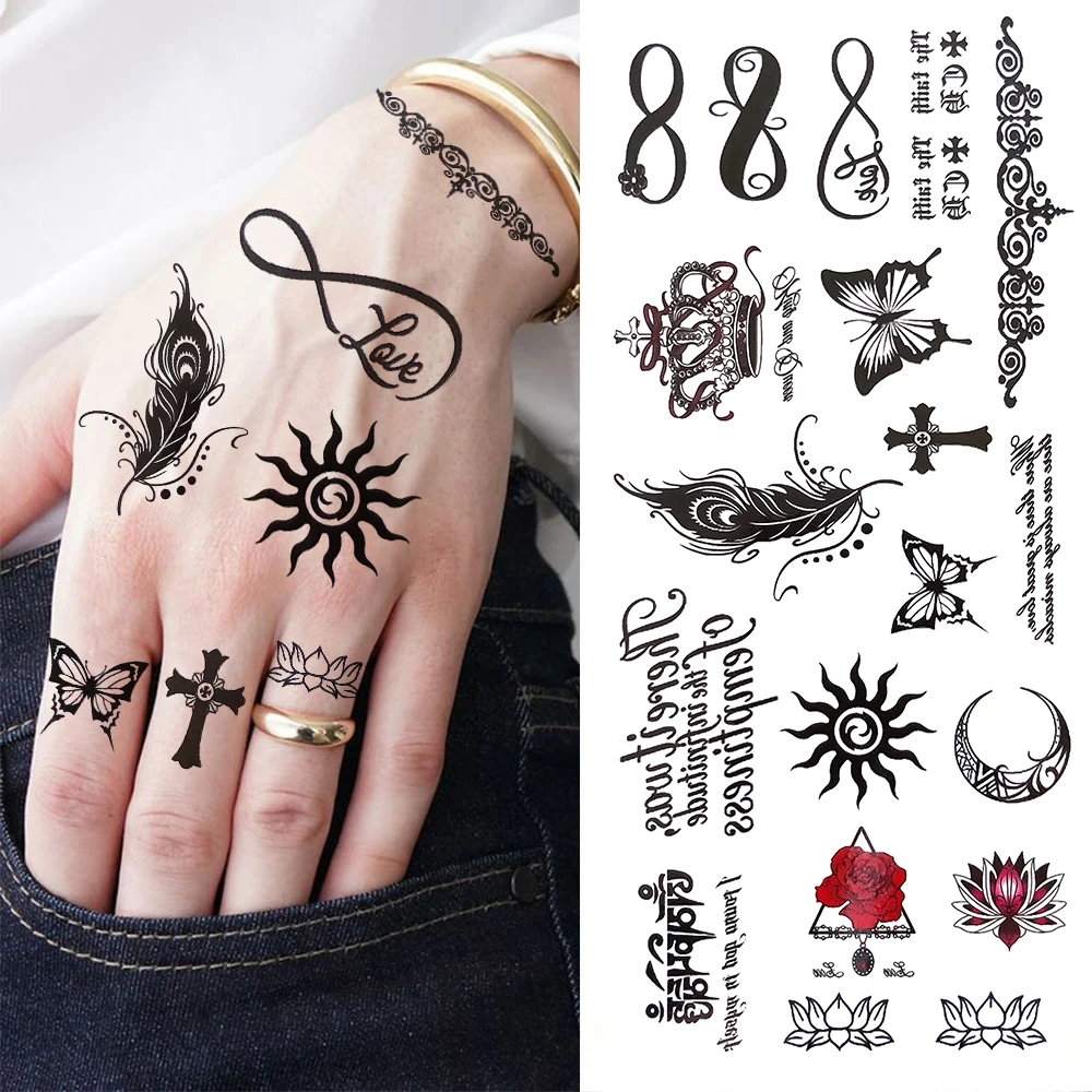 Indische Stammes-Dorn-temporäre Tattoos für Frauen und Kinder, Stammes-Totem, gefälschte Gesichts-Tattoo, realistische Feder-Unendlichkeit, DIY