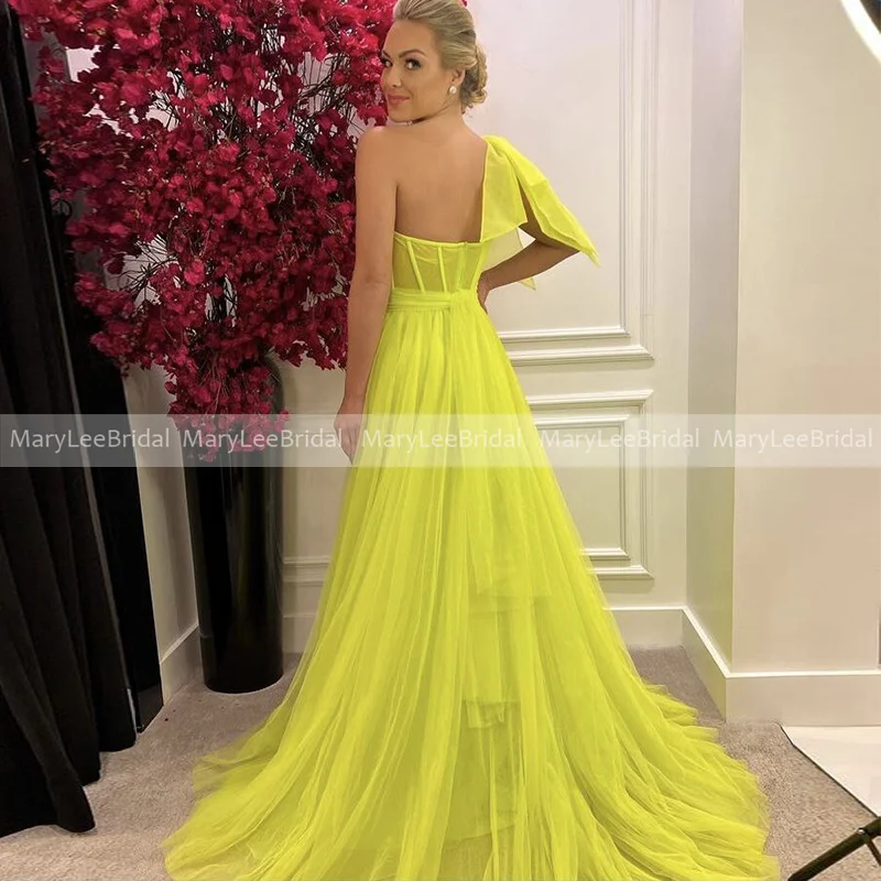 Lemon Yellow Tulle Prom Dress Pleat One Shoulder Illusion Corset Bodice Boning Celebrity Dresses High Slit robe de soirée femme