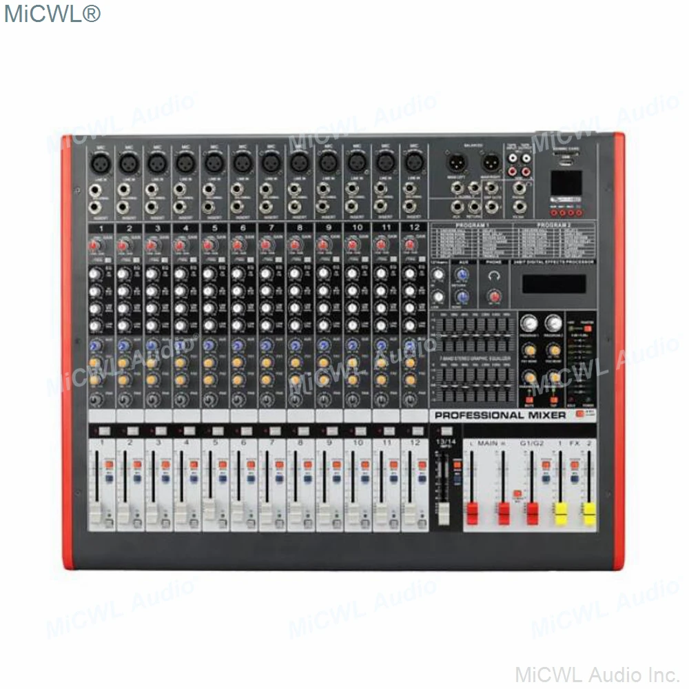 MiCWL 12 قناة المهنية جهاز مزج الصوت مجموعتين خلاط وحدة التحكم DJ ستوديو المزدوج المجموعة 7 العلامة التجارية EQ وتأثير USB 48 فولت