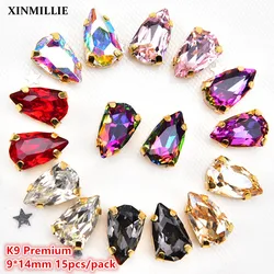 K9 Premium Crystal 9*14mm Shield Shaped Pointed Bottom With Gold Claw Sew On Rhinestones Wedding Dress Decoration DIY Crafts