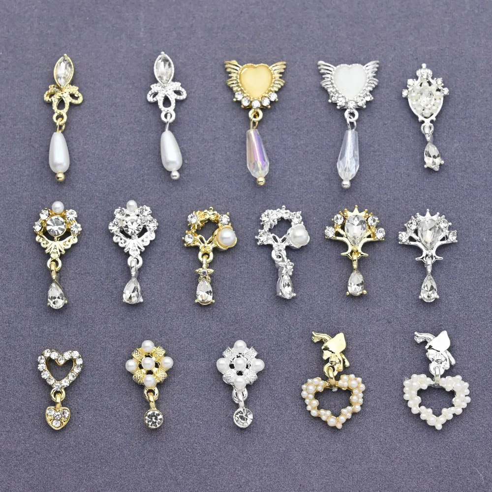 10Pcs 3D Dangle Nail Charms,Nail Jewelry Rhinestones/Heart Pearl Crystal Gems Decorations, Mixed Shape Metal Luxury Nail Alloy#