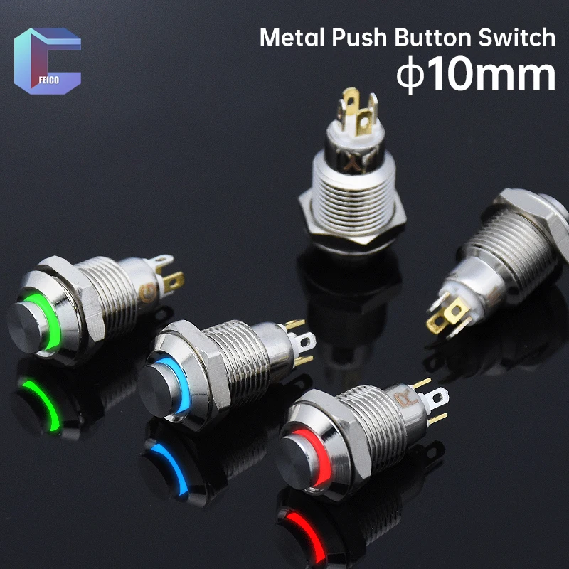 10mm Metal Push Button Switch With High Head Ring LED Annular Momentary Latching 1NO Nickel-Plated  Used for Mini Current