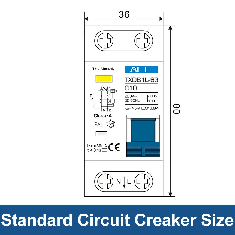 Residual Current Circuit Breaker Type A RCCB MCB RCBO 1P+N 10A 16A 20A 32A 40A 63A Earth Leakage 30MA Overload Protection TAIXI