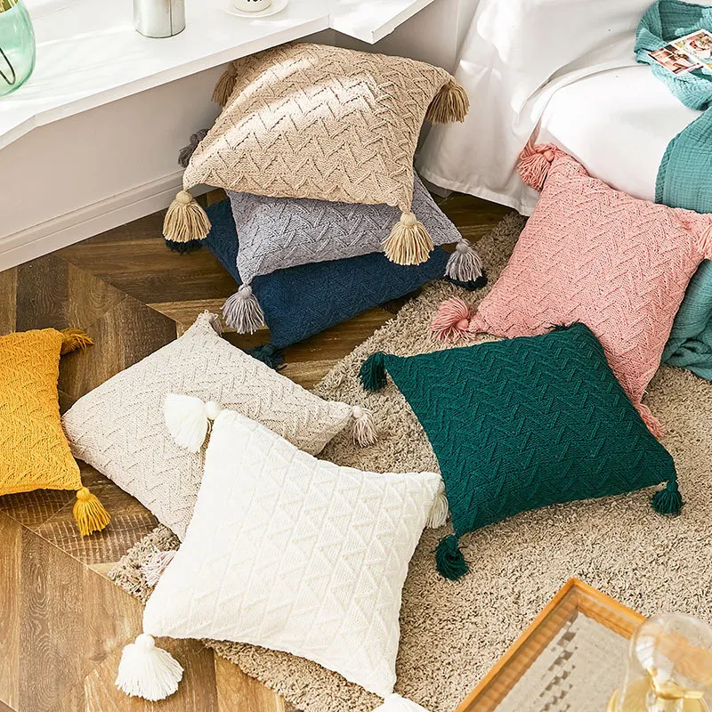 Four-corner Tassels Pillowcase Yellow Beige White 45x45cm Chenille Knitted Throw Pillows Home for Soft Accessories Sofa Cushion