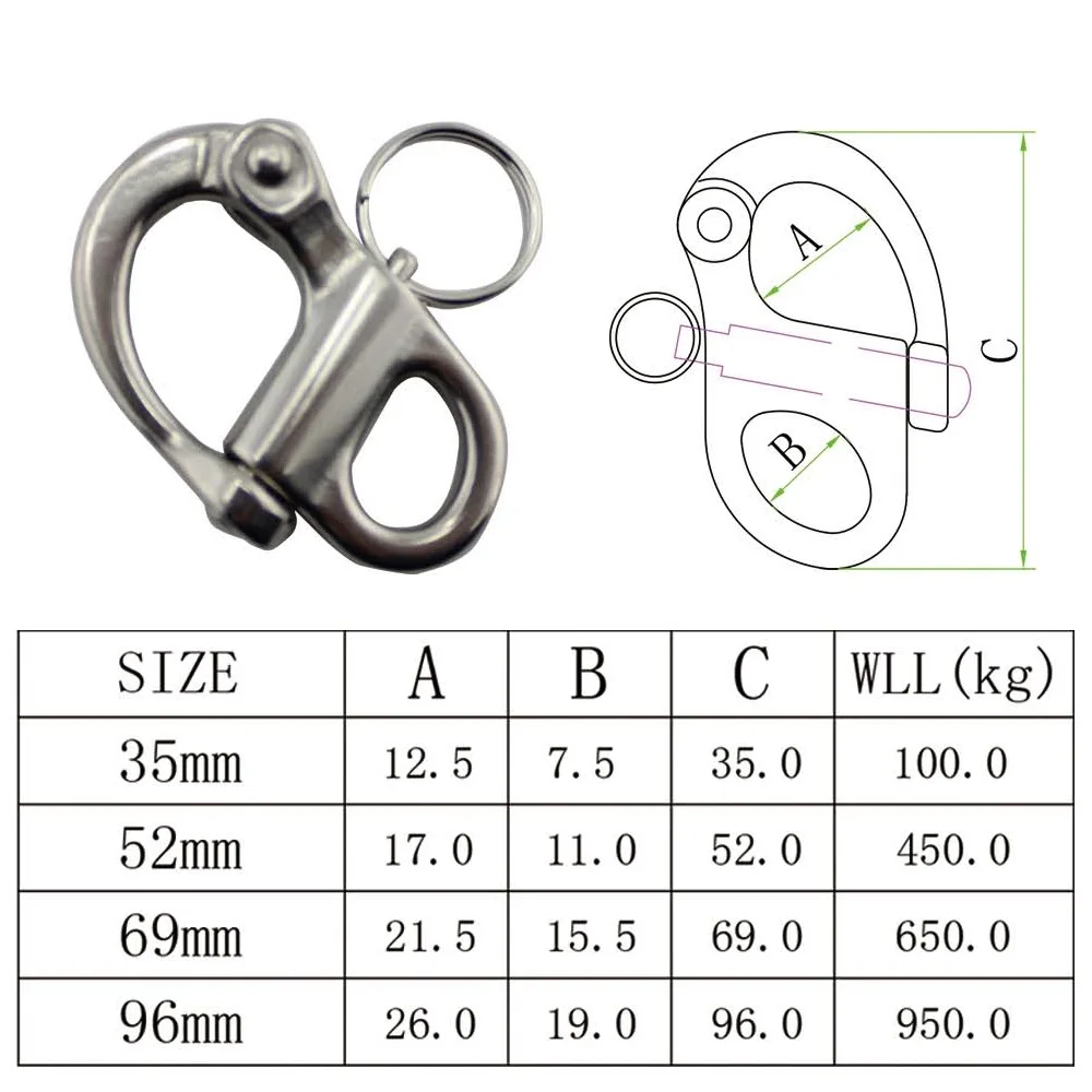 5PCS Fixed Bail Snap Shackle With Ring 316 Stainless Steel Quicke Release 35mm 52mm 69mm 96mm For Rigging Sailing Marine Boat