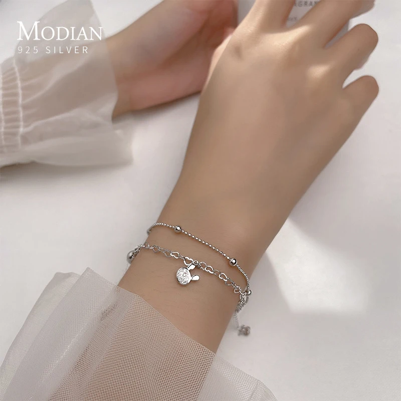 

Modian Clear CZ Cute Rabbit Love Heart Light Beads Balls Genuine 100% 925 Sterling Silver Charm Bracelet for Women Fine Jewelry