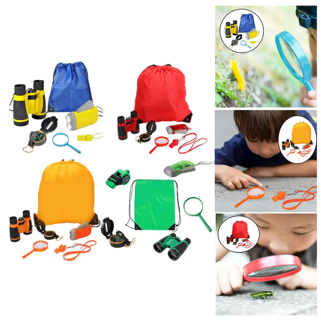 Outdoor Explorer Kit Whistle Telescope Flashlight Drawstring Bag Educational Exploration Set for Hiking Boys & Girls Children